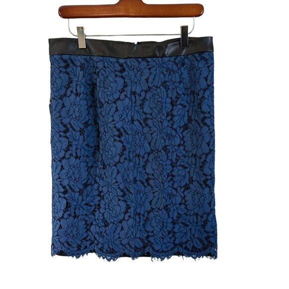 Brixon Ivy Blue Black Lace Overlay PU Trim Lined Rayon Blend Pencil Skirt Medium - Picture 4 of 12